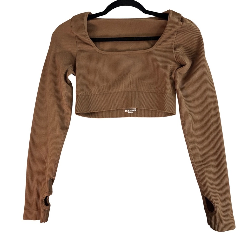 Unbranded Brown Ribbed Long Sleeve Crop Top Square Neck Thumbholes Size M
